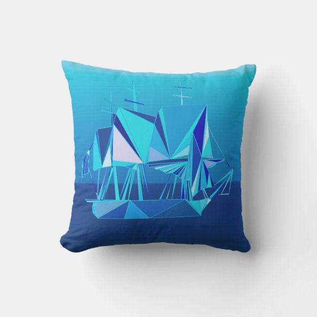 Modern Geometric Clipper Ship, Cobalt Blue Outdoor Cushion (Front)