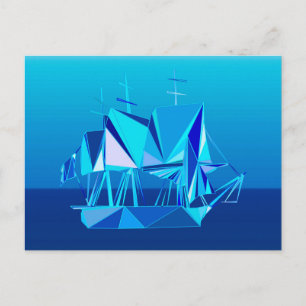 Modern Geometric Clipper Ship, Cobalt Blue Postcard