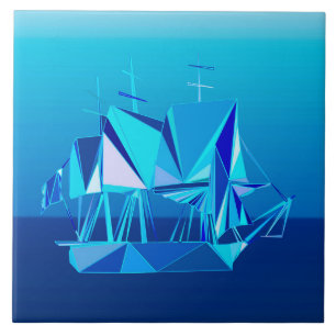 Modern Geometric Clipper Ship, Cobalt Blue Tile