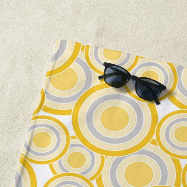 Modern Geometric Concentric Circles, Yellow, Grey Beach Towel (In Situ)