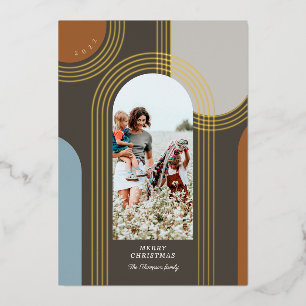 Modern Geometric Concentric Golden Arches 1 Photo Foil Holiday Card