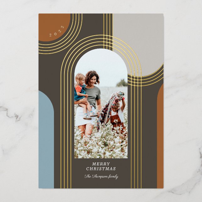 Modern Geometric Concentric Golden Arches 1 Photo Foil Holiday Card (Front)