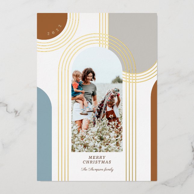Modern Geometric Concentric Golden Arches 1 Photo Foil Holiday Card (Front)