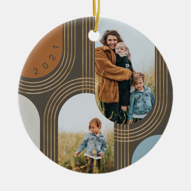 Modern Geometric Concentric Golden Arches 2 Photo Ceramic Tree Decoration (Front)