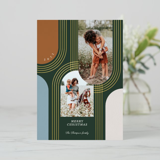 Modern Geometric Concentric Golden Arches 2 Photo Foil Holiday Card (Standing Front)