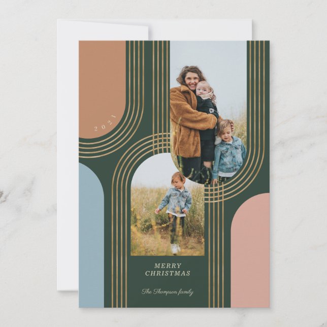 Modern Geometric Concentric Golden Arches 2 Photo Holiday Card (Front)