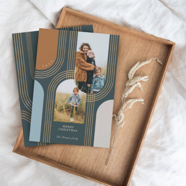 Modern Geometric Concentric Golden Arches 2 Photo Holiday Card (Creator Uploaded)