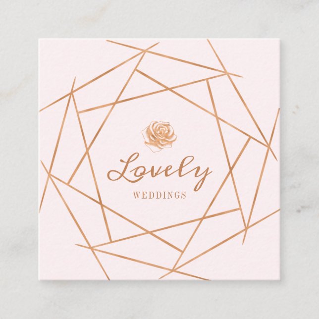 Modern Geometric Copper & Floral Rose Wedding Square Business Card (Front)