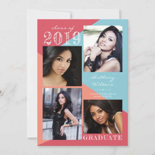 Modern Geometric Coral Peach 4 Photo Graduation Announcement (Front)