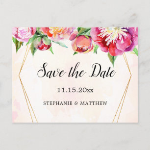 Modern Geometric Coral Peony Wedding Save The Date Announcement Postcard