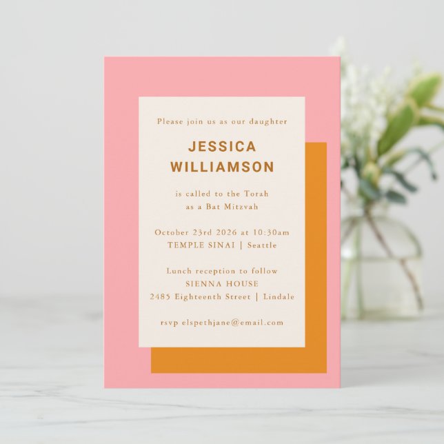 Modern Geometric Cute Bat Mitzvah Pink Orange Invitation (Standing Front)