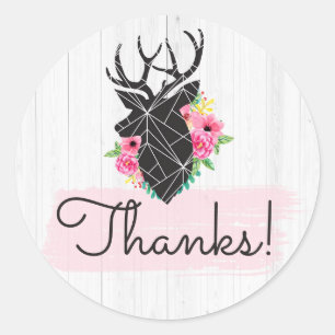 Modern Geometric Deer Antlers & Roses Thank You Classic Round Sticker
