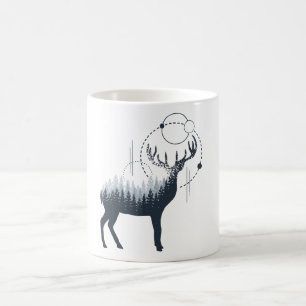 Modern Geometric Deer Forest Double Exposure Coffee Mug