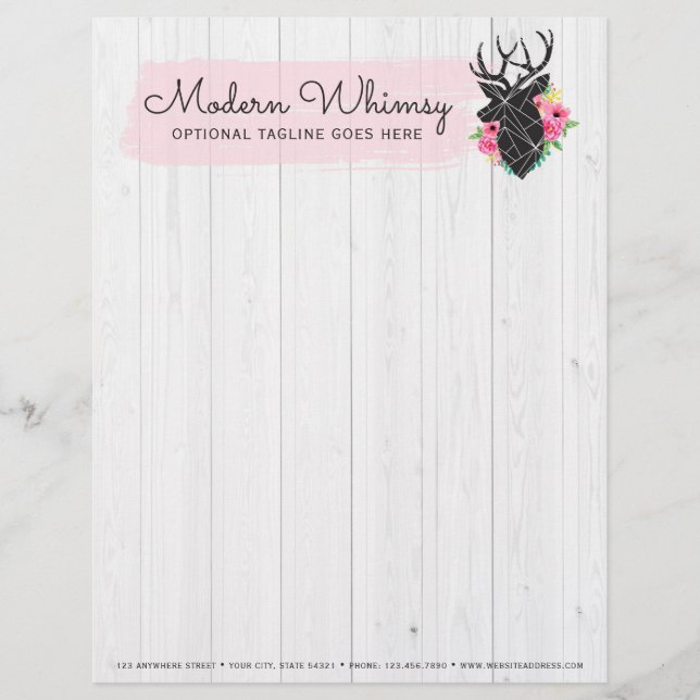 Modern Geometric Deer & Shabby Roses Rustic Wood Letterhead Template (Front)