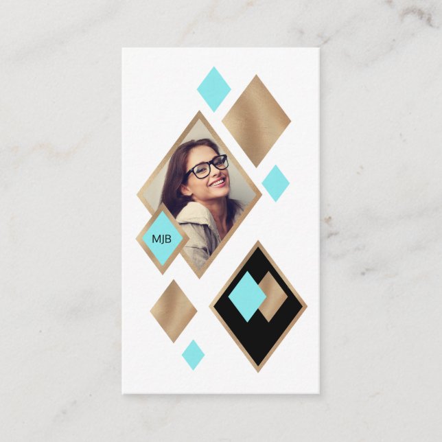 Modern Geometric Diamonds Photo and Social Media Business Card (Front)