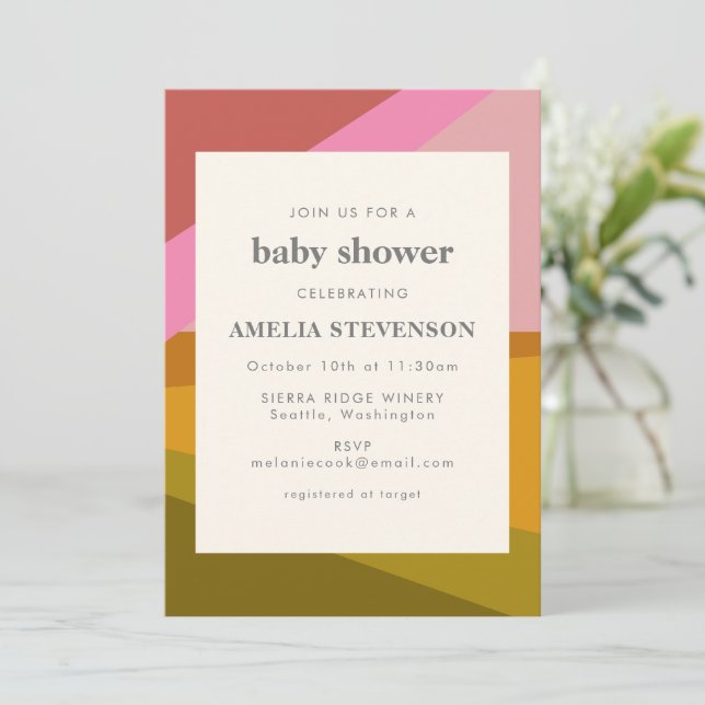 Modern Geometric Earthy Pink Green Red Baby Shower Invitation (Standing Front)