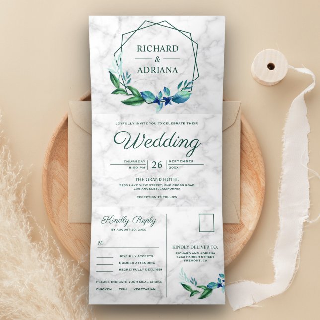 Modern Geometric Emerald Green Leaf Wreath Wedding Tri-Fold Invitation (Creator Uploaded)