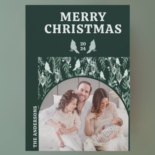 Modern Geometric Evergreen Bird Holiday Card (Creator Uploaded)