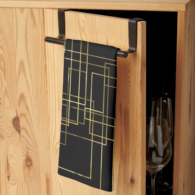Modern Geometric Faux Gold Labyrinth On black Tea Towel (Thirds Fold)