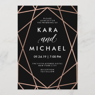Modern Geometric Faux Rose Gold on Black Wedding Invitation