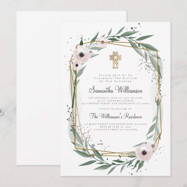 Modern Geometric Floral Cross Baptism Invitation (Front/Back)