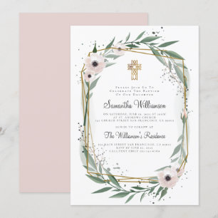 Modern Geometric Floral Cross Baptism Invitation
