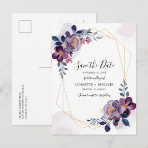 Modern Geometric Floral Purple Save the Date Announcement Postcard