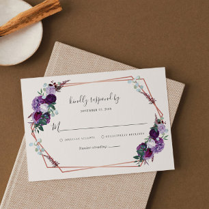 Modern Geometric Floral Purple Script Wedding RSVP