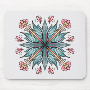 Modern Geometric Flower - Blue Pink Yellow Bloom Mouse Mat
