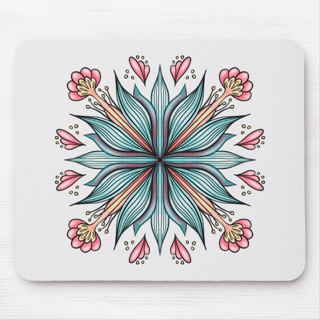 Modern Geometric Flower - Blue Pink Yellow Bloom Mouse Mat (Front)