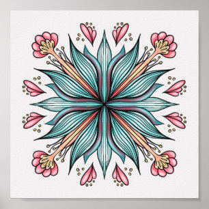 Modern Geometric Flower - Blue Pink Yellow Bloom Poster