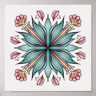 Modern Geometric Flower - Blue Pink Yellow Bloom Poster