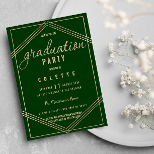 Modern geometric forest green gold Graduation Invitation