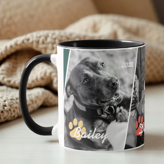 Modern Geometric Frame Pet Paw Three Photos Mug (Creator Uploaded)