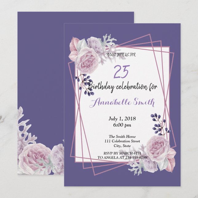 Modern Geometric Frame purple Floral  Birthday Invitation (Front/Back)