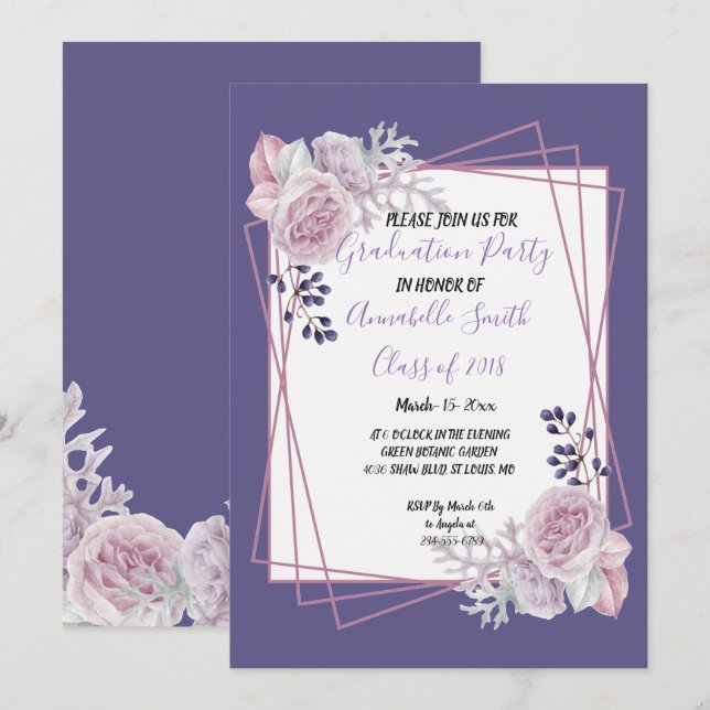 Modern Geometric Frame purple Floral Graduation Invitation (Front/Back)