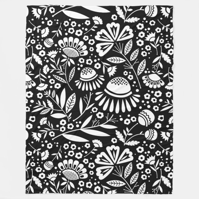 Modern Geometric Garden Floral Black and White Fleece Blanket (Front)