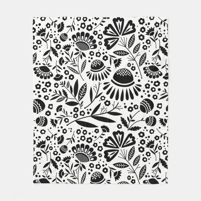 Modern Geometric Garden Floral Black and White Fleece Blanket (Front)