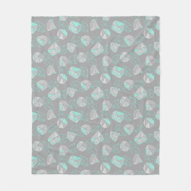 Modern Geometric Gems Pattern Grey & Aqua  Fleece Blanket (Front)