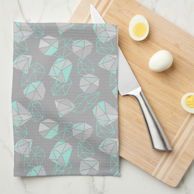 Modern Geometric Gems Pattern Grey & Aqua  Tea Towel (Quarter Fold)