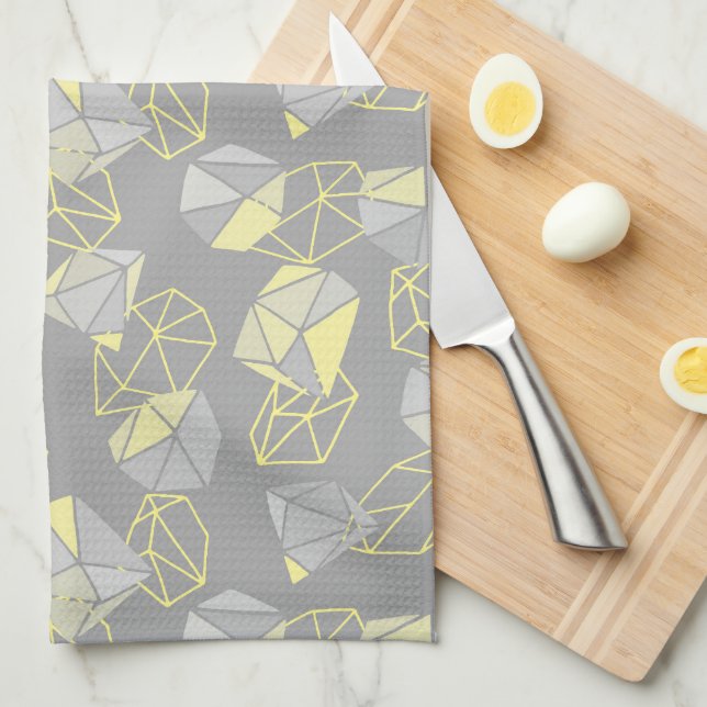Modern Geometric Gems Pattern Grey & Yellow  Tea Towel (Quarter Fold)