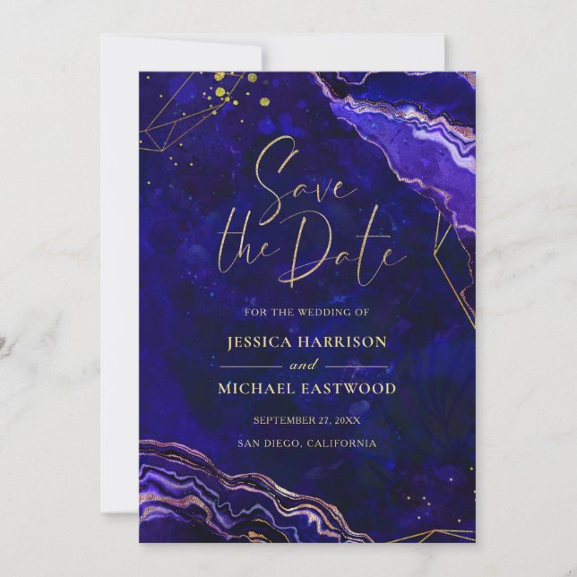 Modern Geometric Geode Blue Purple Rose Gold Agate Save The Date (Front)