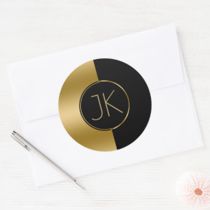Modern Geometric Gold & Black Design Monogram Classic Round Sticker