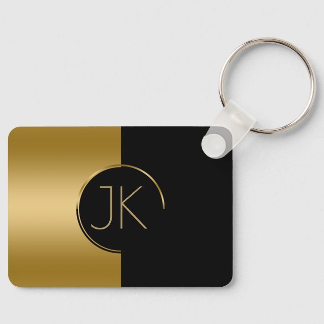 Modern Geometric Gold & Black Design Monogram Key Ring (Front)