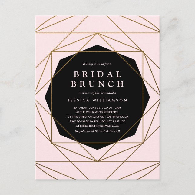 Modern Geometric Gold, Blush & Black Bridal Brunch Invitation Postcard (Front)