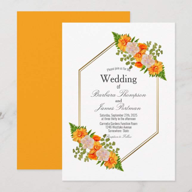 Modern Geometric Gold Blush Orange Floral Wedding Invitation (Front/Back)
