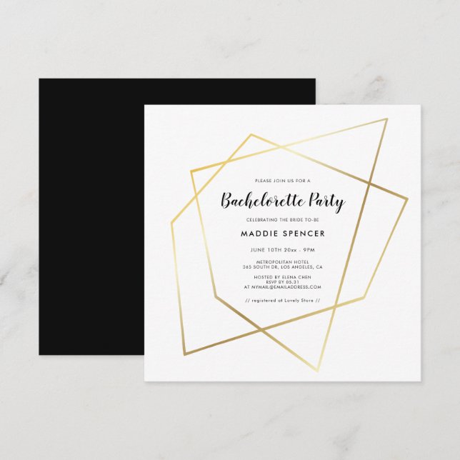 Modern geometric gold frame Bachelorette Party Invitation (Front/Back)