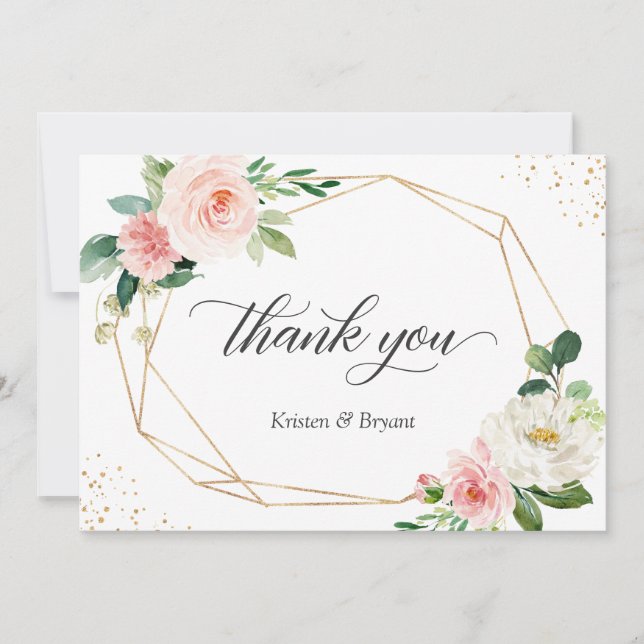 Modern Geometric Gold Frame Blush Floral Wedding Thank You Card (Front)