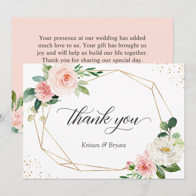 Modern Geometric Gold Frame Blush Floral Wedding Thank You Card (Front/Back)