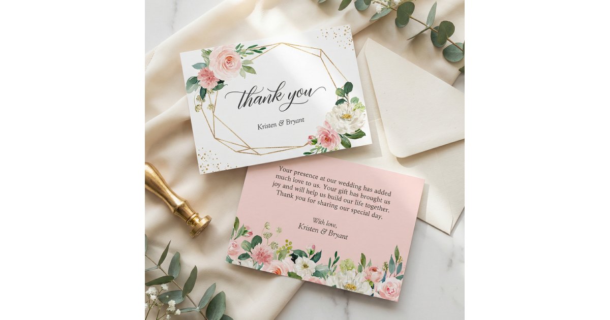 Modern Geometric Gold Frame Blush Floral Wedding Thank You Card | Zazzle
